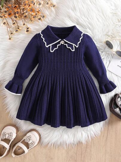 SHEIN 女婴彼得潘领褶皱毛衣裙，两件套，甜美风格，2024 年秋冬新品