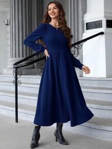 EMERY ROSE Women's Round Red Dress Neck Lantern Sleeve Ribbed Bodycon Winter Dress - Navy Blue - View 3