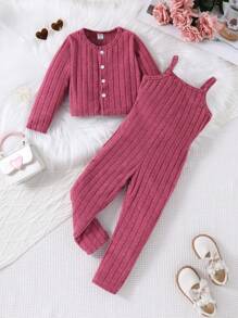 2 件套少女玫红色罗纹针织开衫外套 + 工装裤，春/秋