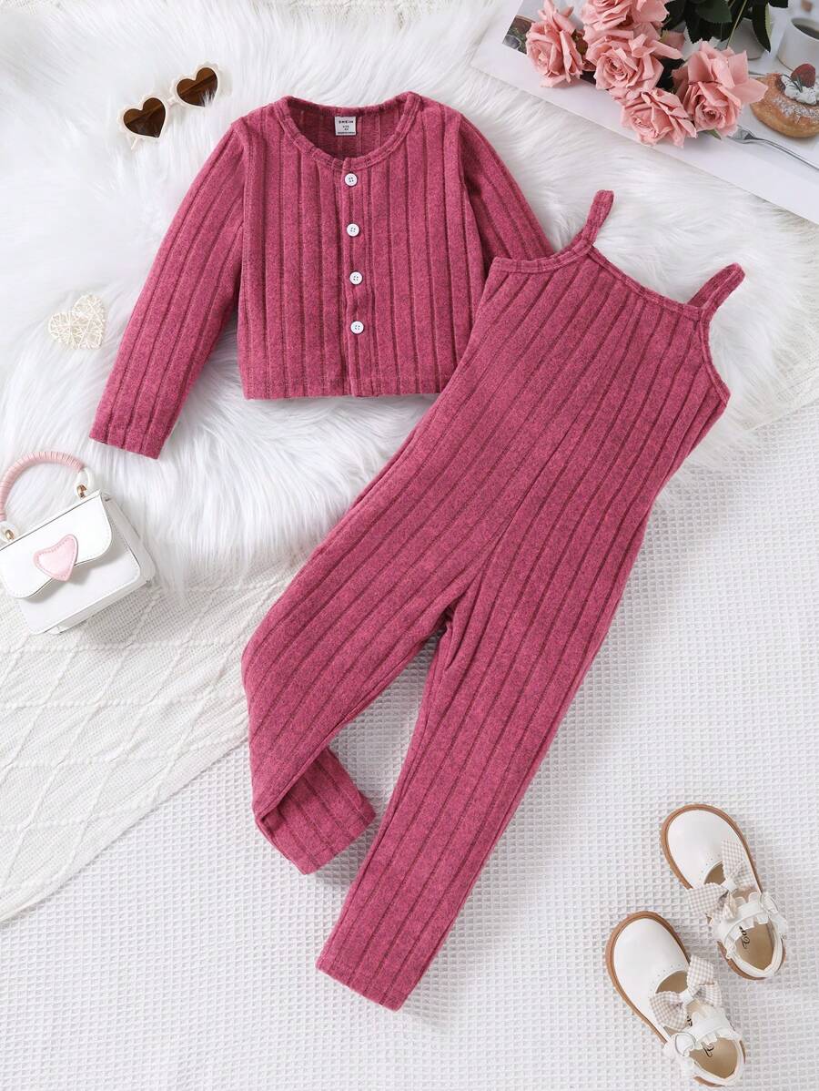 2 件套少女玫红色罗纹针织开衫外套 + 工装裤，春/秋