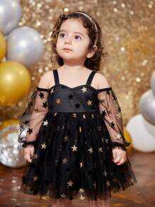 SHEIN Babygirl 圣诞优雅连衣裙，黑色网眼星星装饰无袖和长袖连衣裙，适合派对、聚会、生日 - 黑色 - 查看 7