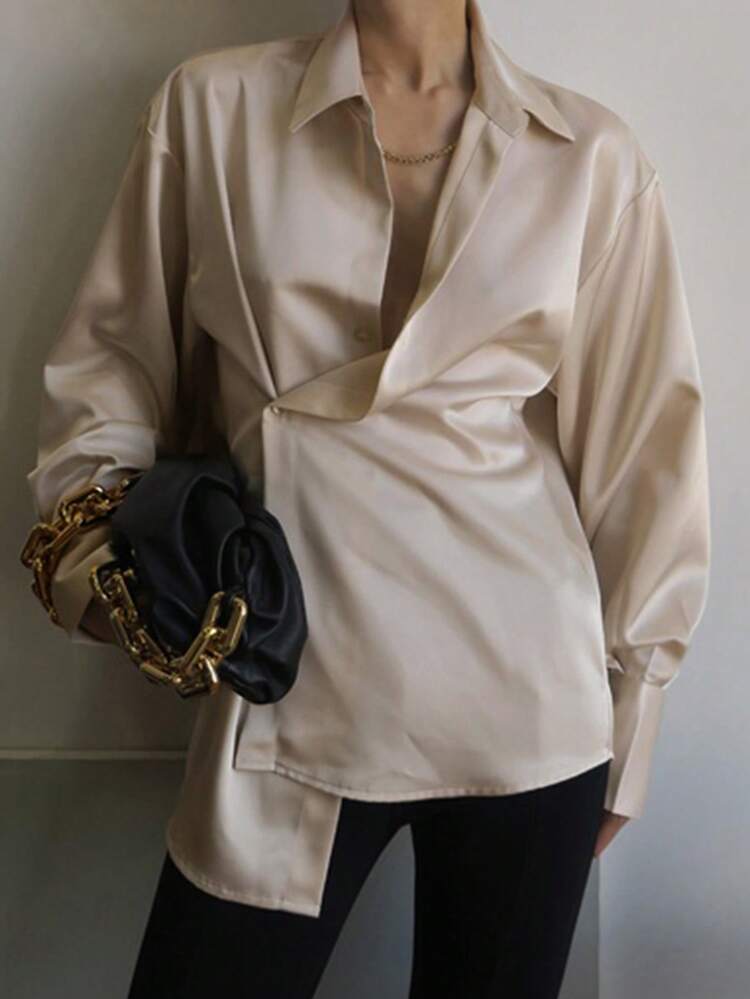 Women Solid Color Collar Glossy Asymmetrical Buttoned Blouse Long Sleeve Top