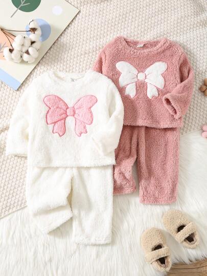 SHEIN 4pcs Baby Girl Autumn/Winter Simple Bow Pattern Embroidery Round Neck Long Sleeve Soft And Comfortable Velvet Pajama Set Clothes