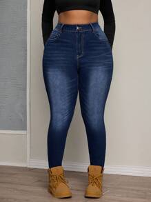 SHEIN SXY Damskie jeansy Plus Size, elastyczne, sprane, obcisłe, z przetarciami