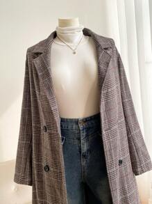 SHEIN Frenchy 大码秋季长款外套，格子外套，外出装，机场装，大翻领外套，前扣长袖平领长款休闲外套，适合冬季 - 彩色 - 查看 4