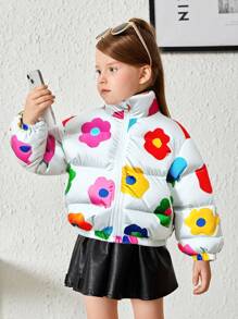 SHEIN Young Girls' Cute Colorful Floral/Flower Pattern Holographic Zip Up Thermal Padded Coat,Great For Casual & Daily Wear & School Daily In Summer & Autumn - Multicolor - View 7