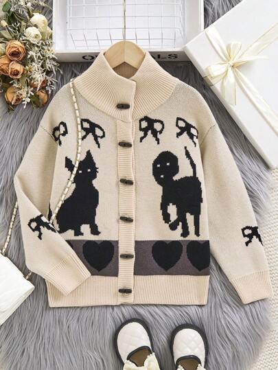1 chiếc áo len cardigan dệt kim dày tay dài họa tiết mèo con và trái tim cổ tròn phong cách châu Âu & Mỹ cho bé gái tuổi mới lớn