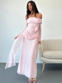 Aloruh 女士露肩荷叶边腰带花卉贴花连衣裙，优雅