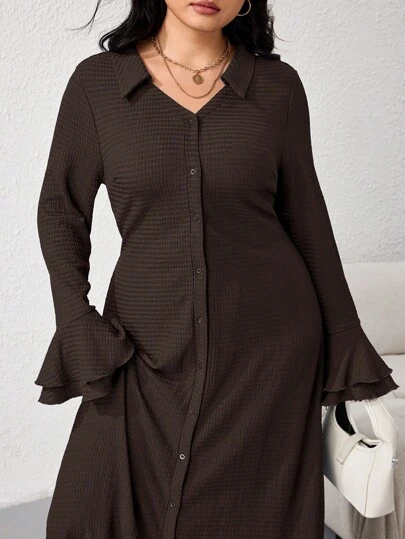 Modelyn 大码女式长款纯色翻领喇叭袖单排扣休闲连衣裙