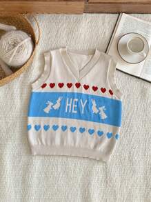 Blossori Young Girl Heart & Letter Graphic V-Neck Casual Oversized Knitted Sweater Vest, Autumn/Winter - Apricot - View 1