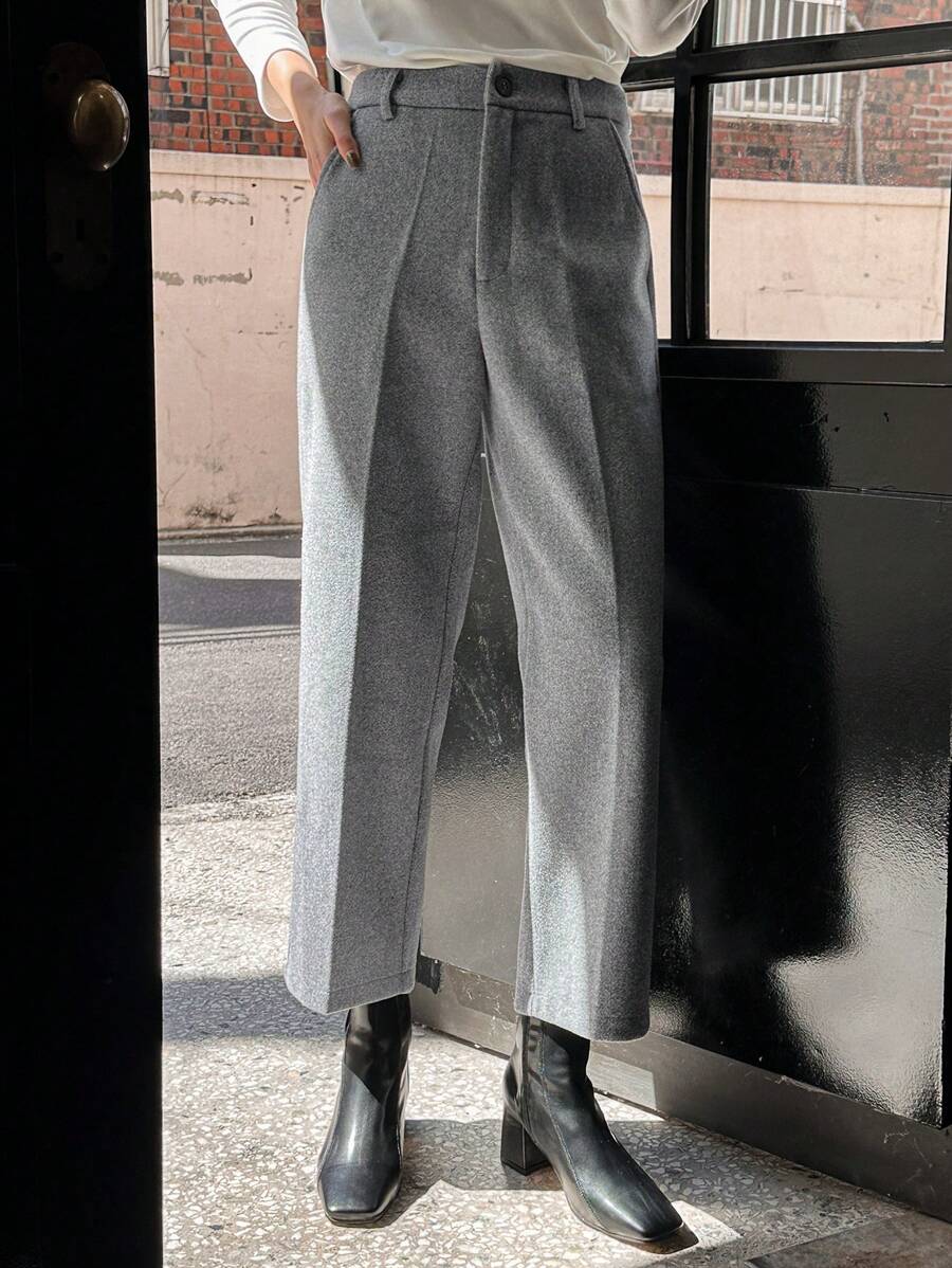 DAZY 女士口袋直筒九分裤，休闲/办公穿着，教师裤，保暖内衬女士正装裤 - 灰色 - 查看 1