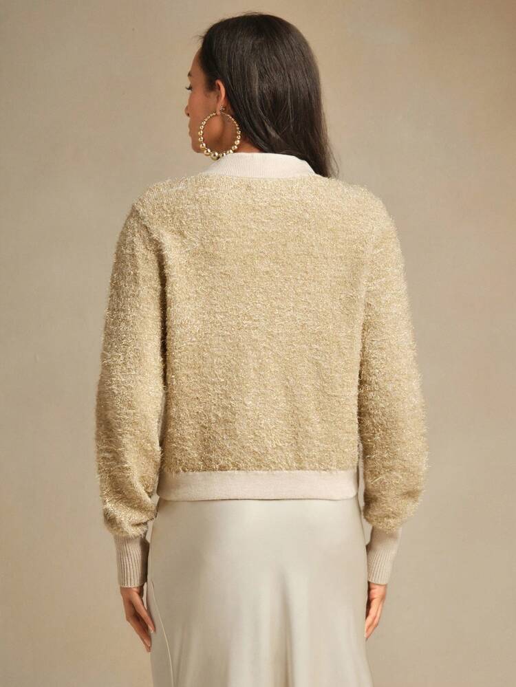 Women's Elegant Christmas V-Neck Faux Pearl Button Glitter Fluffy Short Cardigan