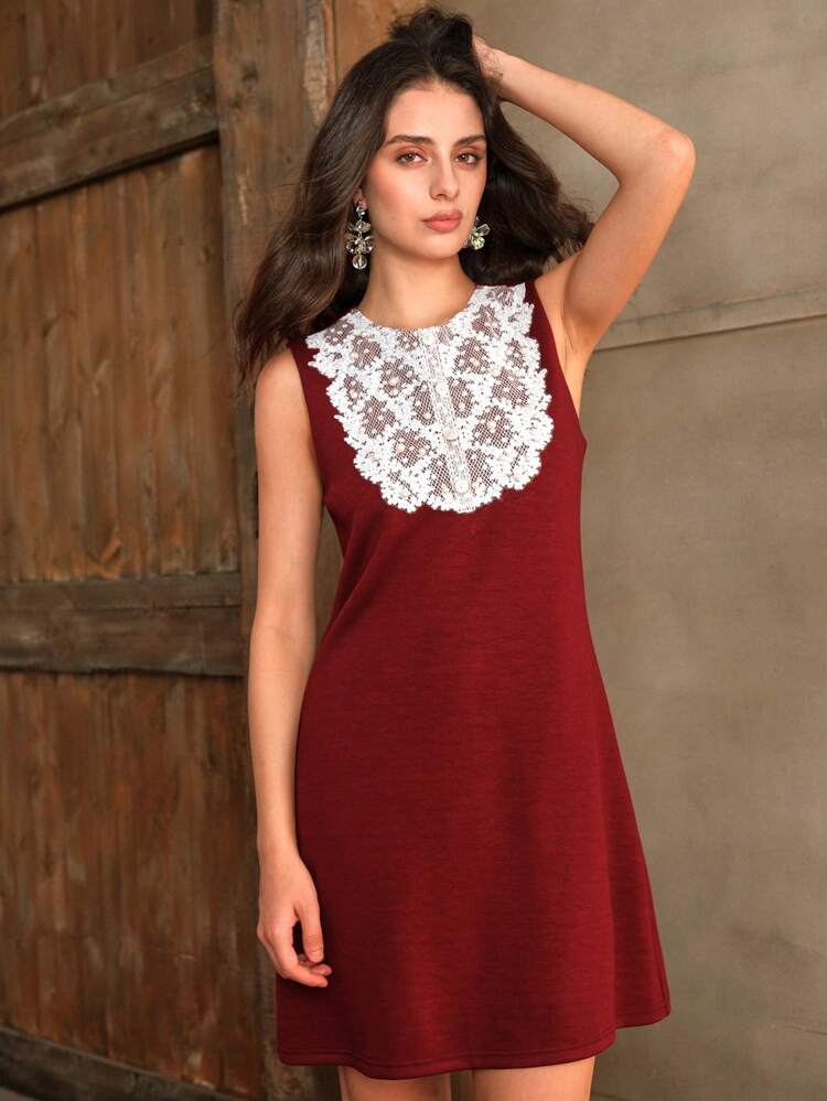 Lace Patchwork Beaded Waist Ruffle Trim Elegant Christmas Mini Dress