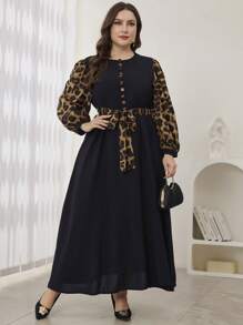 Modelyn 豹纹拼布圆领收腰中长连衣裙，秋冬季，端庄优雅的 A 字长裙，适合休闲日常长款晚礼服 - 黑色 - 查看 6