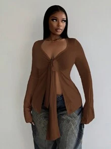 Slaydiva Camiseta con mangas acampanadas y puños con detalle de lazo, de unicolor y estilo casual, para otoño