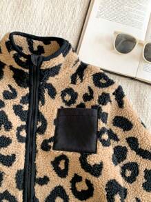 Blossori 年轻男孩复古时尚棕色和黑色豹纹保暖立领长袖外套，圣诞季