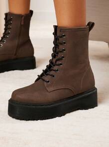 SHUZIA Giày bốt chiến đấu đế bằng buộc dây màu rám nắng dành cho nữ - Khóa kéo bên hông, phong cách cổ điển, đa năng, cổ điển. Phong cách nghỉ lễ Giáng sinh cho mùa thu và đông năm mới ngày lễ tình nhân - Màu be - Xem 4