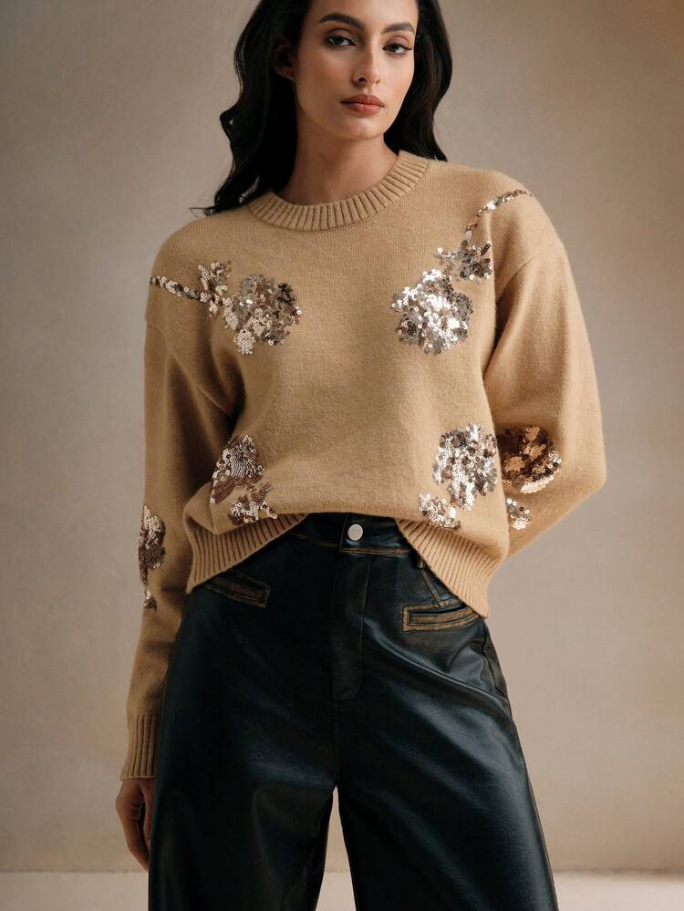 Elegant Casual Sequin Floral Round Neck Women Sweater With Waist Design, Loose Fit Knit Pullover Fall Winter
