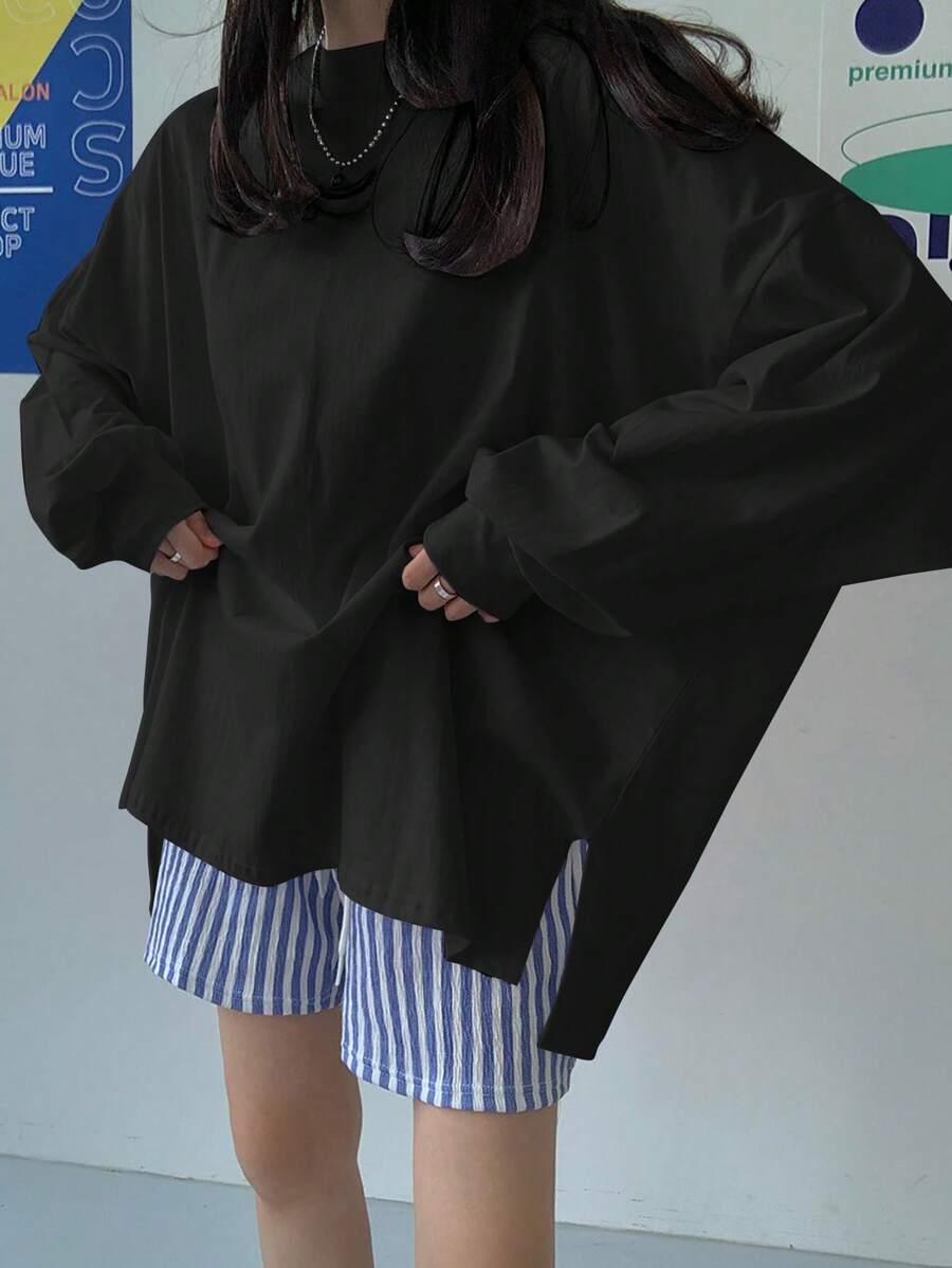 DAZY Women Oversized Solid Color Long Sleeve T-Shirt, Suitable For Spring, Summer & Autumn,Fall Women Clothes