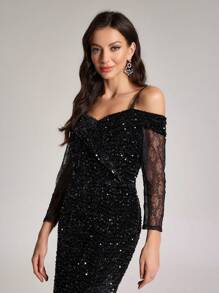 SHEIN Belle Robe élégante pour femmes avec bretelles spaghetti, ourlet en queue de poisson, paillettes. Robe de soirée formelle noire pour le bal, les invités de mariage, la remise des diplômes, le dîner
