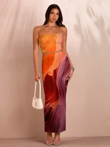 SHEIN BAE Bộ váy bó thanh lịch họa tiết nhuộm loang 2 chiếc dành cho nữ, thích hợp cho mùa hè - trái cam - Xem 5