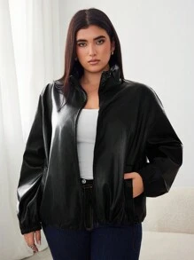 SHEIN EZwear 大码女式拉链长袖黑色夹克