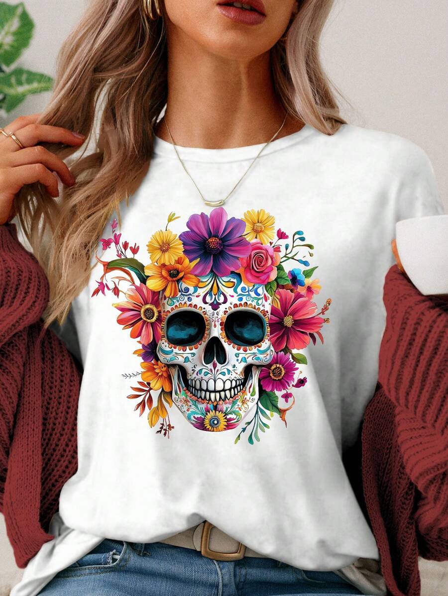 SHEIN LUNE Áo thun nữ tay ngắn cổ tròn in hình đầu lâu giản dị, phù hợp cho mùa hè - trắng - Xem 1