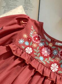 SHEIN LMoss Kids LMoss 女婴秋冬可爱砖红色碎花长袖泡泡袖连衣裙 - 黑色 - 查看 8