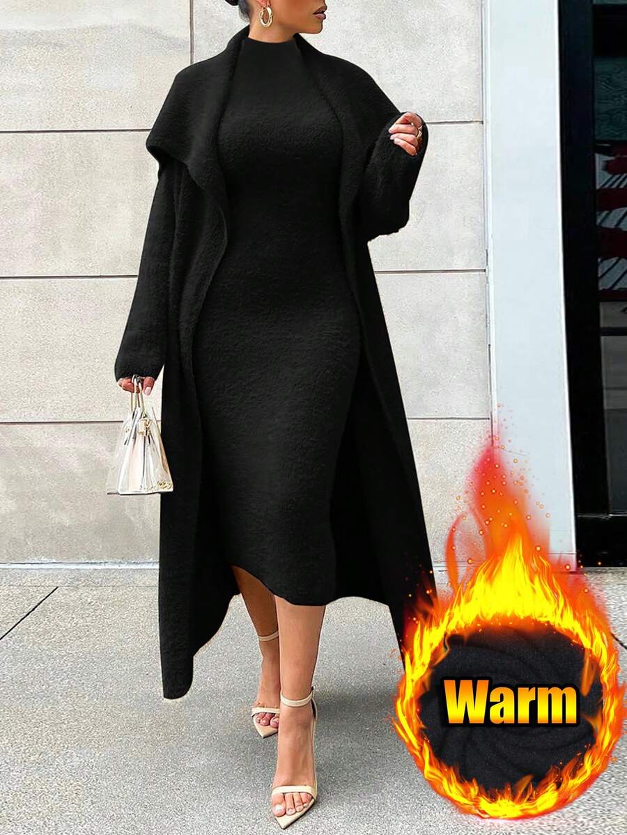 2 件厚冬季套装：长袖开衫 + 紧身连衣裙