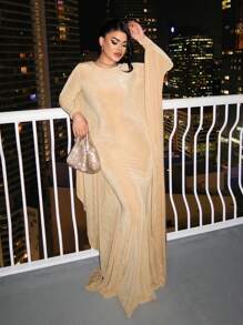 SHEIN SXY 女士性感裸色紧身圆领长袖迷你连衣裙，适合夜店派对，秋冬季