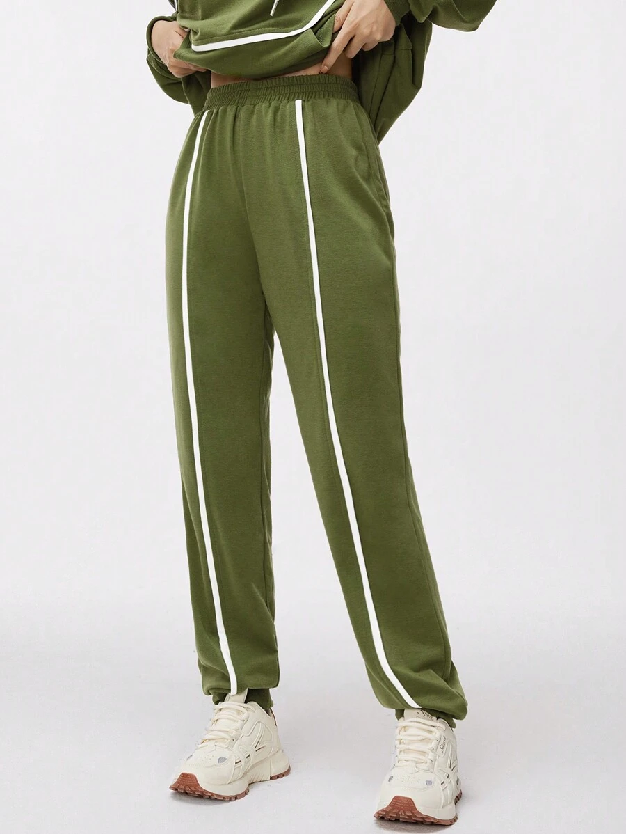 Seusyu Women Casual Color Block Elastic Waist Drawstring Jogger Pants - Army Green - View 1