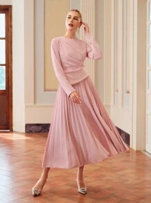 ZEYLAH SOLID RUCHED WAIST PLEATED HEM DRESS