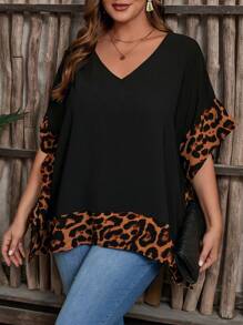 EMERY ROSE Plus Size Women Summer Cheetah Print V-Neck Patchwork Casual Blouse