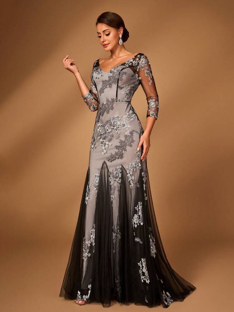 Serin Elegante e lussuoso abito da sirena plissettato in raso elasticizzato con patchwork di pizzo e paillettes ricamato nero e grigio per matrimoni, feste, vacanze, abiti da ballo, abiti da sera per la madre della sposa (lavorazione artigianale pesante), per San Valentino - Grigio Scuro - Visualizzare 7