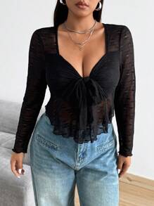 Flirla Plus Size Lace Front & Tie Long Sleeve T-Shirt Fall Cloth For Women