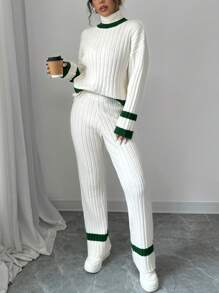 Chiquease 2pcs Set: Contrast Color Splicing Turtleneck Long Sleeve Sweater And Casual Pants, Simple Style Fall Cloth For Women - Multicolor - View 5