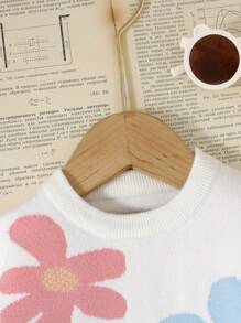 Young Girl Fashion Minimalist Casual Cute Long Sleeve Floral Pattern Round Neck Knit Sweater, Soft & Comfortable For Daily, Travel