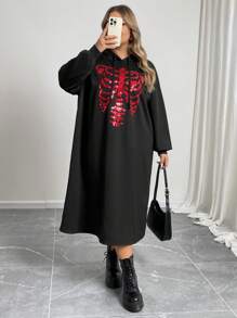 SHEIN CURVE+ Plus Size Autumn Sequin Embroidery Skull Pattern Long Hooded Sweatshirt Dress - Black - View 7