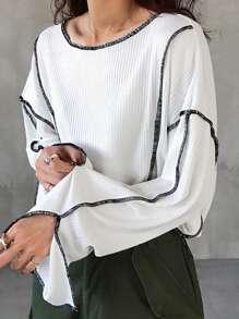 FRIFUL 女士拼色装饰圆领长袖简约 T 恤，休闲日常穿着 - 白色 - 查看 6