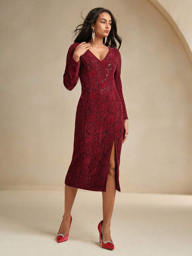 Women Elegant Christmas Lace V-Neck Sequins Embellished Bodycon High Slit Dress