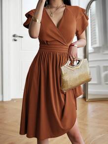 EMERY ROSE Vestido casual de unicolor con cuello en V, volantes en el bajo y cintura, para el verano - Marrón - Ver 5
