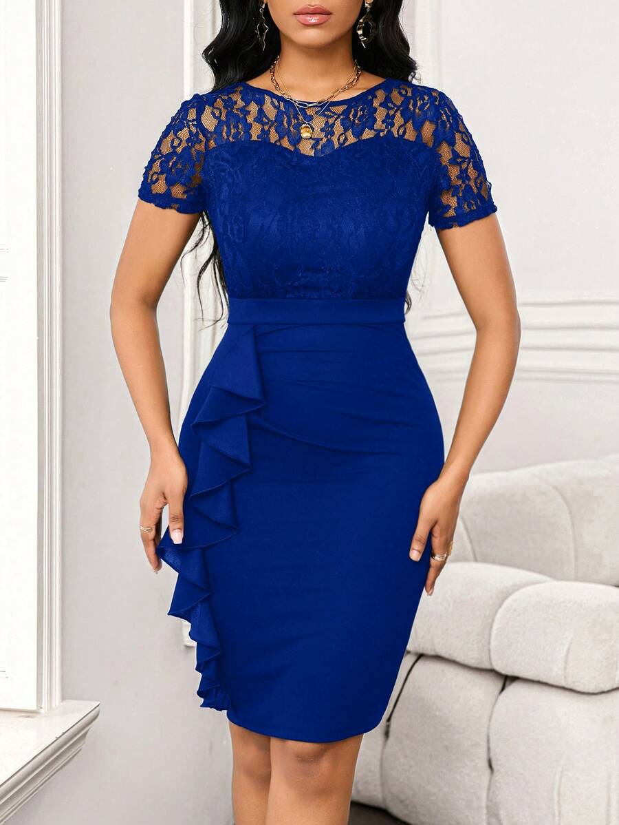 SHEIN Lady Wedding Guest Dress Lace Splicing Ruffled Women's Hip Skirt Work Party Women's Dress - Royal Blue - View 1