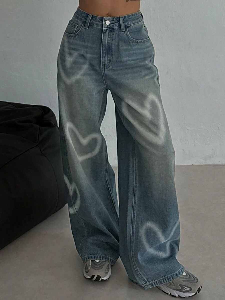 DAZY 女士休闲心形印花宽松阔腿牛仔裤 - 中等水洗藍 - 查看 1