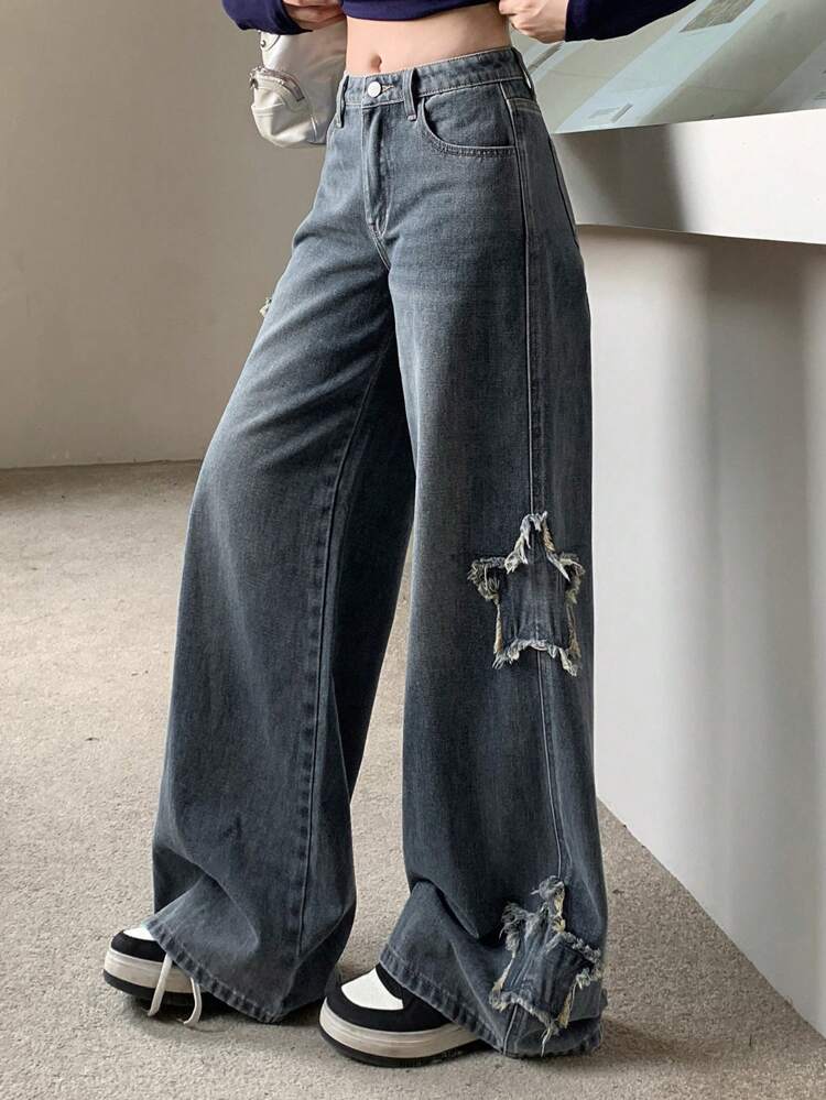 Women Star Decor Fringed Straight Leg Jeans Low Rise Jeans