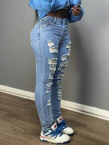 Women Streetwear Light Blue Distressed Ripped Skinny Jeans - Light Wash - View 5