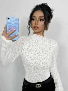 Rafferiza Women Floral Jacquard Pattern Stand Collar Long Sleeve Fitted Fashionable Top, Autumn Fall Cloth For Women - White - View 6