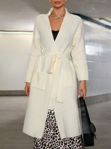 Aveloria Oversized French Style Casual Tied Up Cardigan With Big Pockets Fall Cloth For Women - Beige - View 6