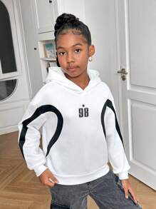 Sudadera con capucha holgada de hombros caídos con estampado empalmado para niñas preadolescentes