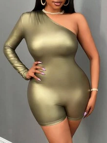Slaydiva Music Festival Pu One Shoulder Long Sleeve Tight Romper - Dark Green - View 1