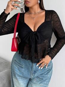 Flirla Plus Size Lace Front & Tie Long Sleeve T-Shirt Fall Cloth For Women